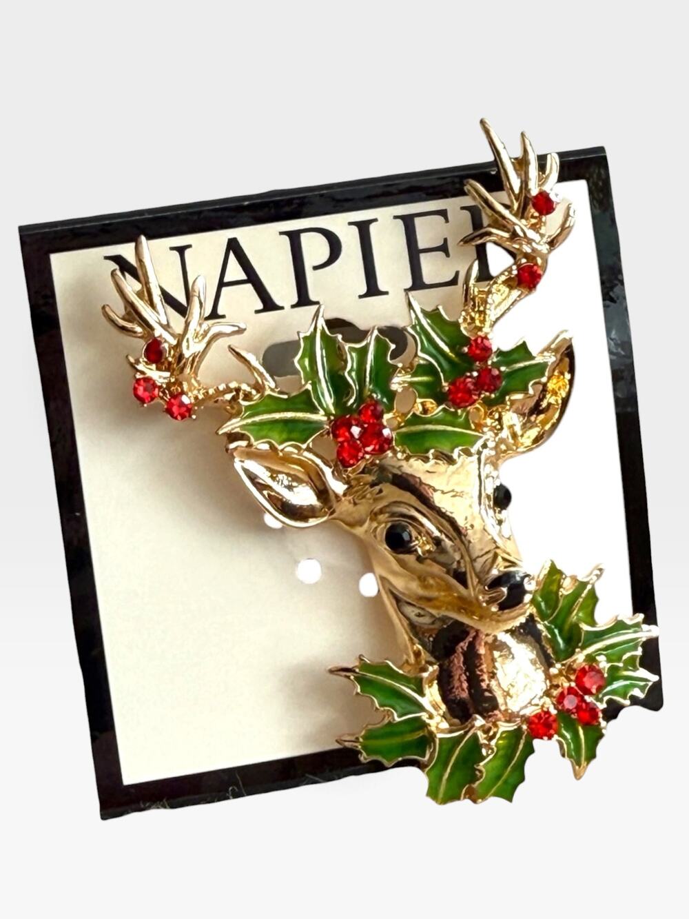 NAPIER Rein Deer Holly Christmas Brooch Pin Red Gold Rhinestone New on Card